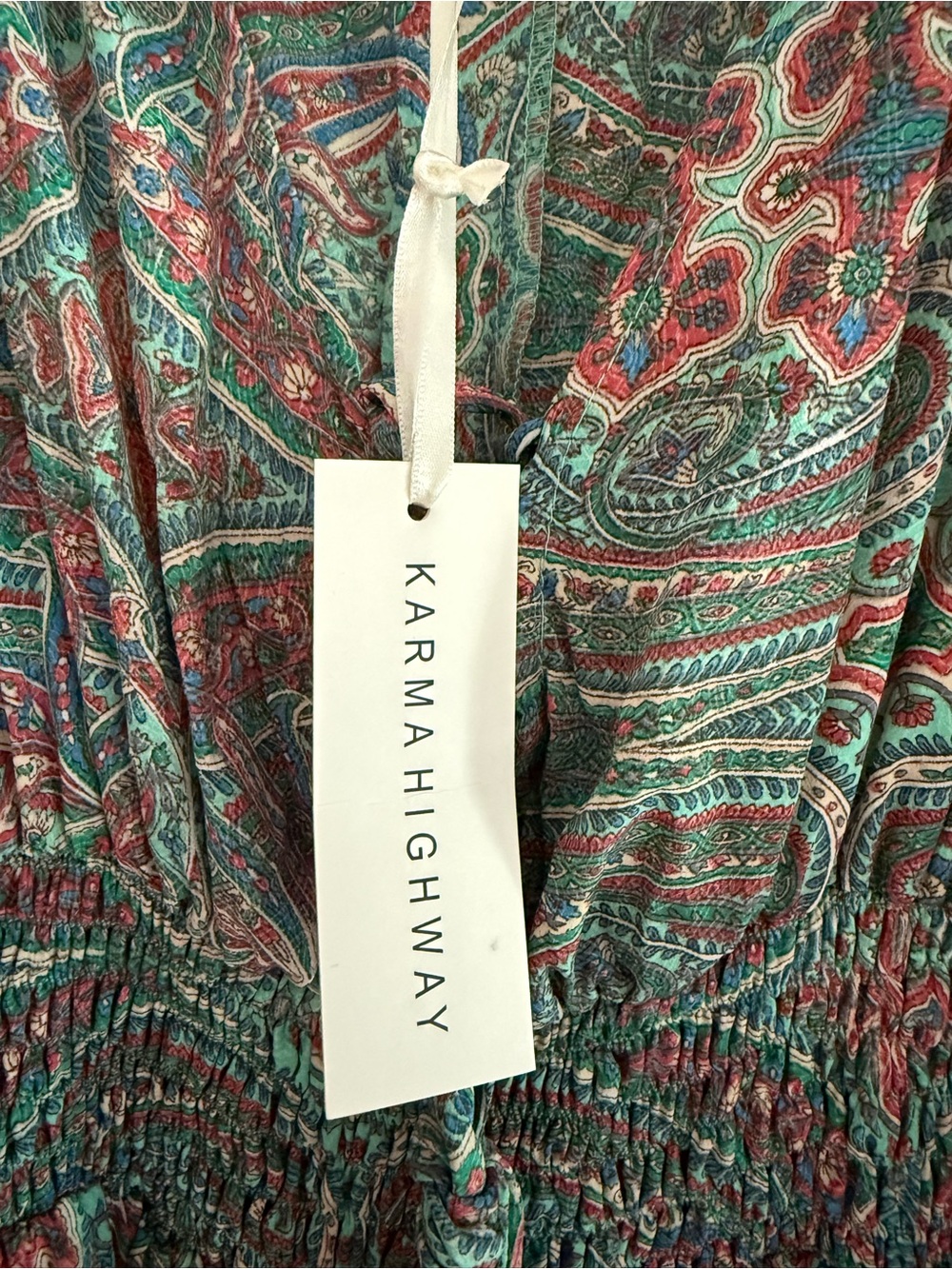 Karma Highway Boho Paisley Maxi Dress Smocked Waist Flowy One Size S-L NWT - Picture 8 of 10
